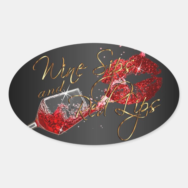 Wine Sips and Red Lips on Black Oval Sticker (Front)