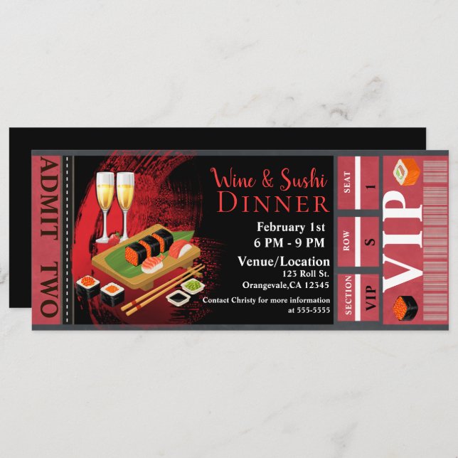 Wine & Sushi Dinner Lunch VIP Event Party TIcket Invitation (Front/Back)