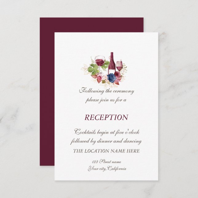 Wine Tasring Burgundy Flowers Wedding Reception Invitation (Front/Back)