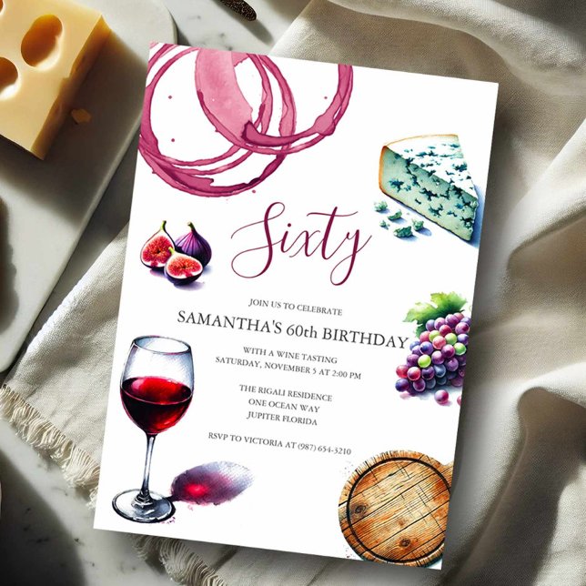 Wine Tasting 60TH BIRTHDAY Invitation (60th Birthday party invitations watercolor charcuterie wine and cheese )