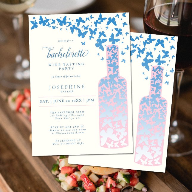 Wine Tasting Bachelorette Party Butterflies Blue Invitation (Creator Uploaded)