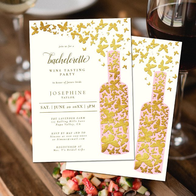 Wine Tasting Bachelorette Party Butterflies Gold Invitation (Creator Uploaded)