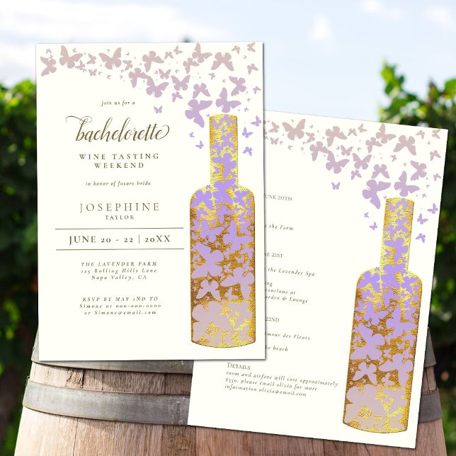 Wine Tasting Bachelorette Weekend Gold Butterflies Invitation (Creator Uploaded)