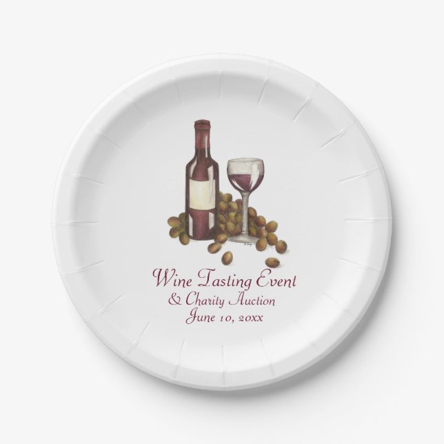 Wine Tasting Cocktail Party Bottle Glass Grapes Paper Plate (Front)