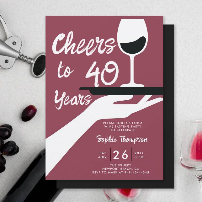 Wine Tasting Elegant Casual Winery 40th Birthday Invitation (wine tasting 40th birthday invitation for women winery vintage retro burgundy red elegant casual)