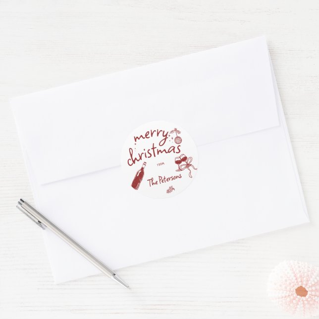 Wine Tasting Holiday Christmas Party Hand-Drawn Classic Round Sticker (Envelope)