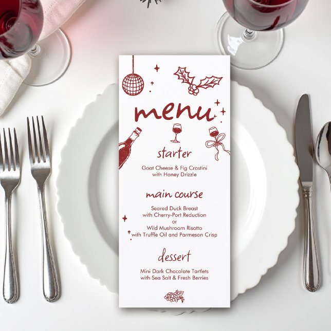 Wine Tasting Holiday Christmas Party Hand-Drawn Menu (wine tasting holiday party drinks hand drawn menu winery charcuterie friendsmas christmas santa)