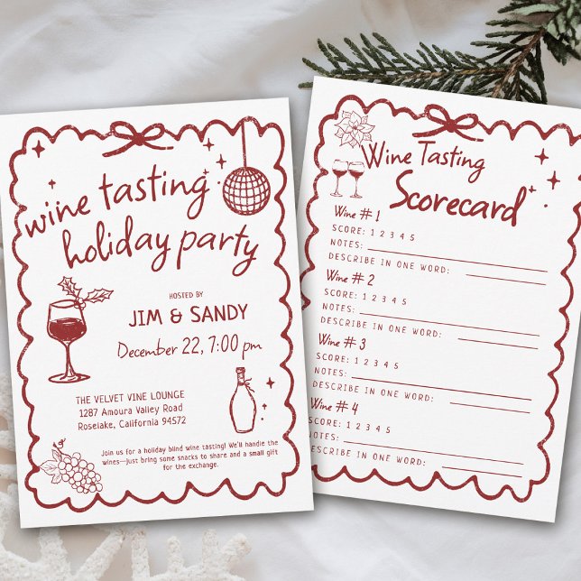 Wine Tasting Holiday Party Hand Drawn Whimsical Invitation (wine tasting holiday party drinks hand drawn winery game charcuterie friendsmas blind santa)