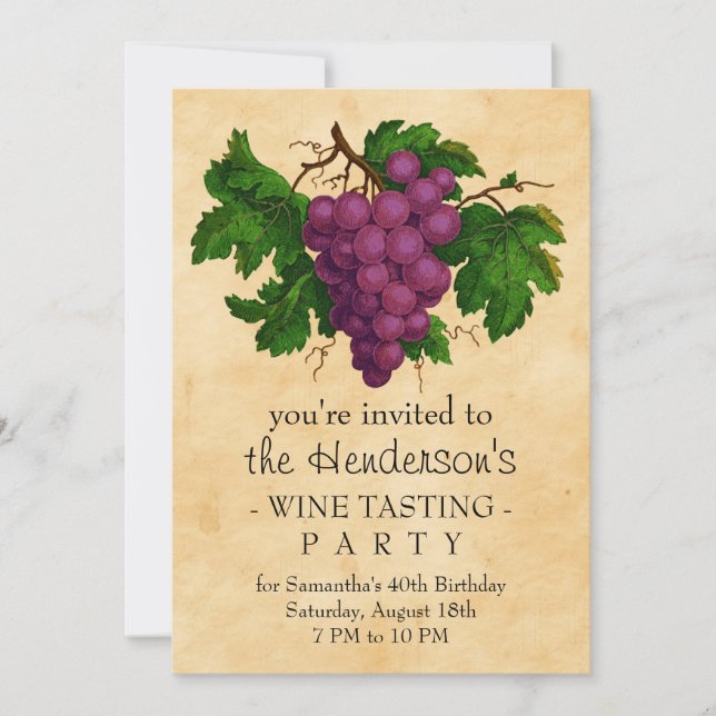 Wine Tasting Party Vintage Grapes Personalised Invitation (Front)