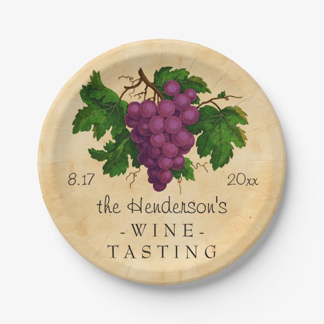 Wine Tasting Party Vintage Grapes Personalised Paper Plate (Front)