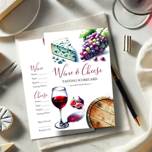 Wine Tasting Rating Scorecard Flyer (Wine tasting scorecard features cute watercolor charcuterie theme by Victoria Grigaliunas )