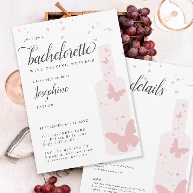 Wine Tasting Romantic Itinerary Bachelorette Party Invitation (wine tasting bachelorette weekend itinerary invitation pink bottle butterflies elegant simple classy)
