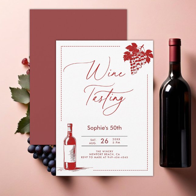 Wine Tasting Winery Modern Burgundy 50th Birthday Invitation (wine tasting party 50th birthday invitations women winery trip modern minimalist elegant burgundy)