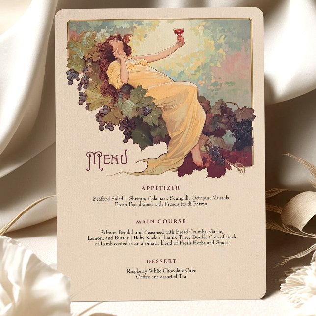 Wine Theme Art Nouveau Wedding Dinner Menu Floral Invitation (Creator Uploaded)