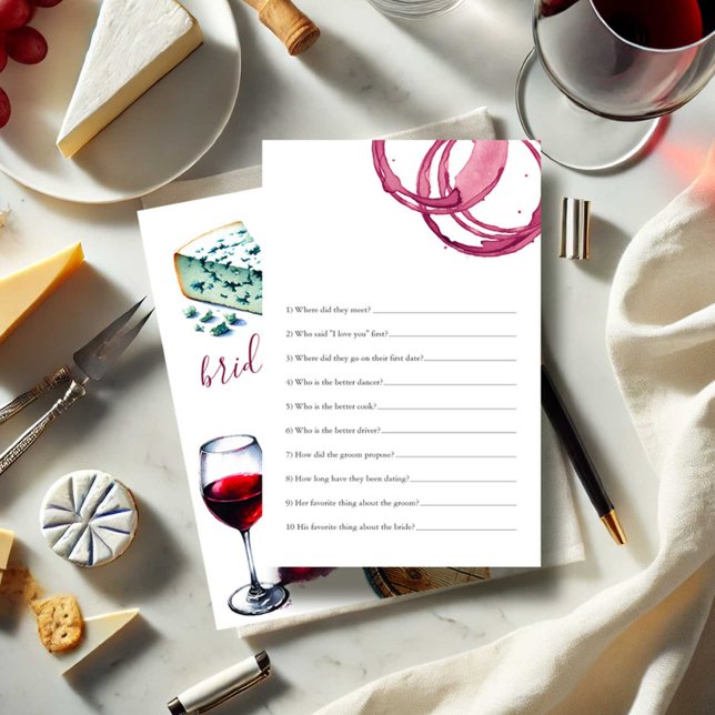 Wine Theme Bridal Shower Questions Game Flyer (Bridal shower trivia wine and cheese tasting party theme by Victoria Grigaliunas Do Tell A Belle)