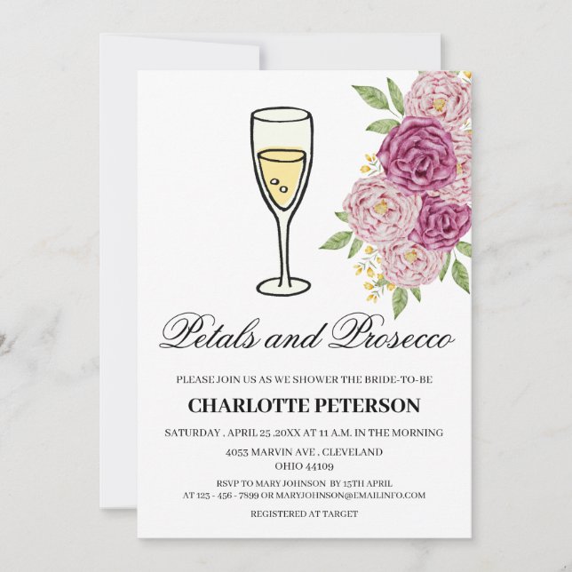 Wine Themed Petals and Prosecco Bridal Shower  Invitation (Front)