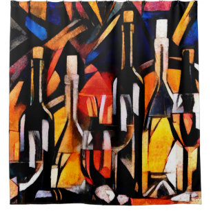 Wine themes in the style of cubism. Bottles, glass Shower Curtain
