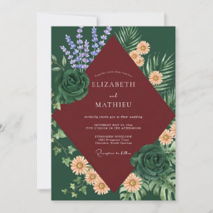 Wine Tropical Daisy Eucalyptus Wedding Invitation