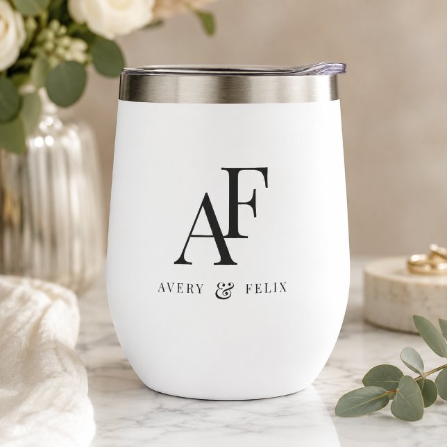 Wine Tumbler | Custom Wedding Monogram Favour Gift (Personalized wedding monogram thermal wine tumbler for couples toasts and gift giving.)