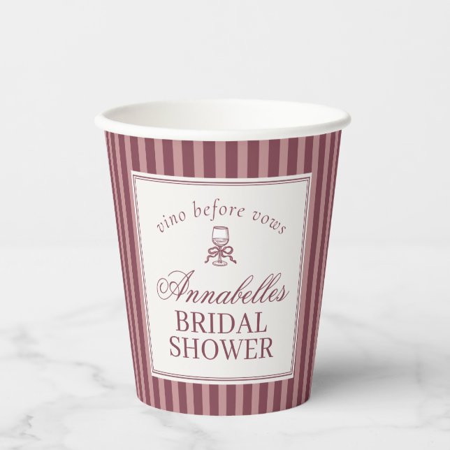 Wine Vineyard Club Old Money Striped Bridal Shower Paper Cups (Front)