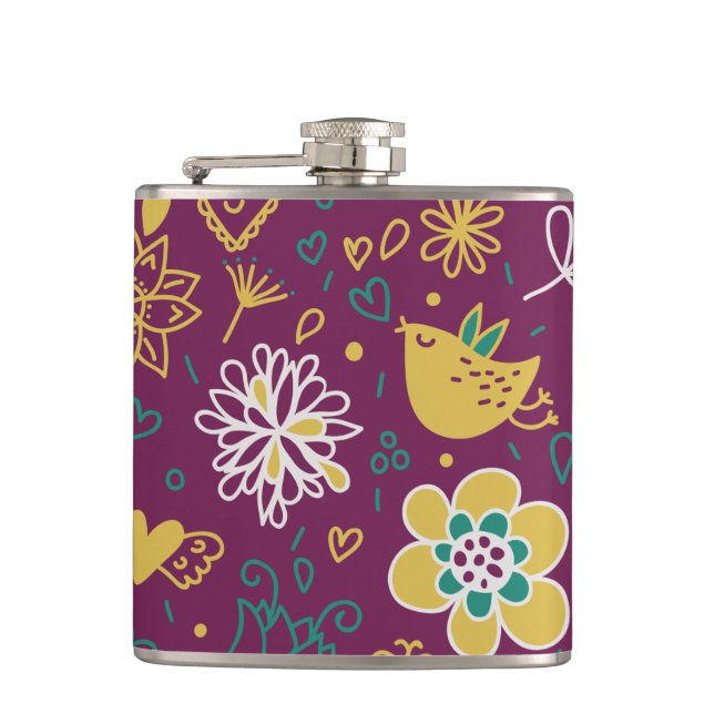 Wine Whimsical Birds and Flowers Hip Flask (Front)