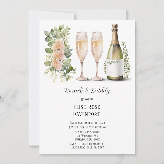Wine & Wine Glass Greenery Floral Brunch & Bubbly  Invitation (Front)