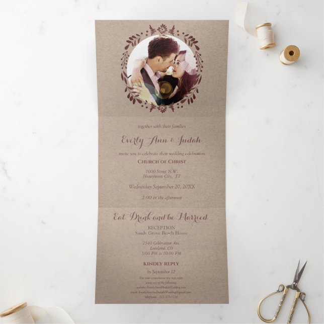 Winery Deep Burgundy Red Floral Wreath Wedding Tri-Fold Invitation (Inside)