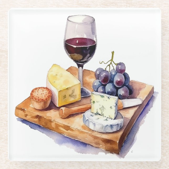  Winery Grapes Cheese Wine Glass Watercolor Coaster (Front)
