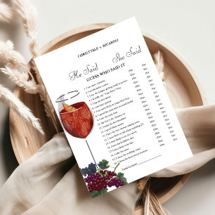 Winery  He said she said Bridal shower game card