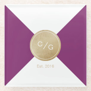 Winery purple minimalist modern wedding monogram glass coaster