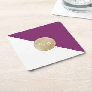 Winery purple minimalist modern wedding monogram square paper coaster