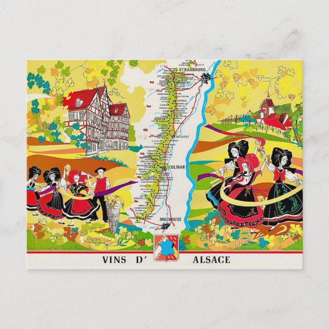Wines of Alsace Vintage Map Postcard (Front)