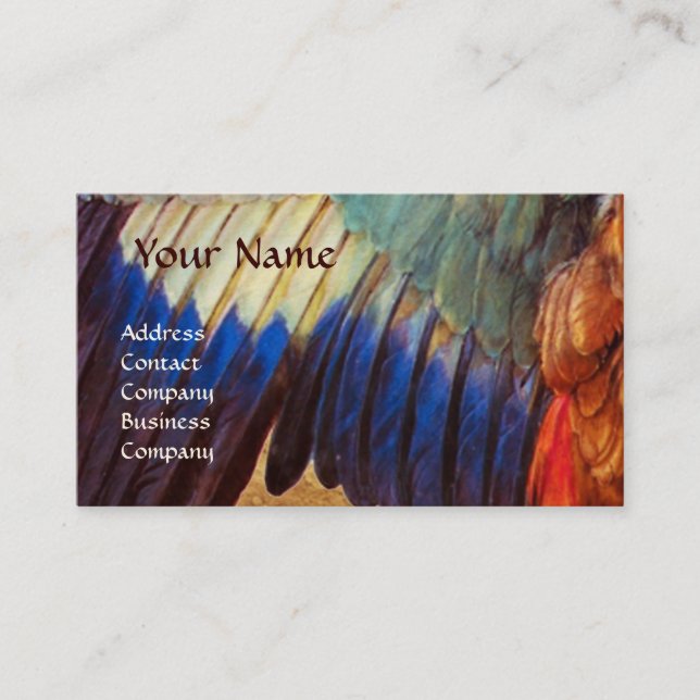WING FEATHERS OF A ROLLER  ON  ANTIQUE PARCHMENT BUSINESS CARD (Front)