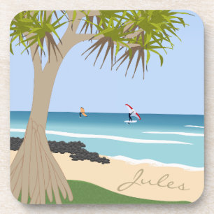 Wing Foil Surf Pandanus Tree at Beach add Name Coaster