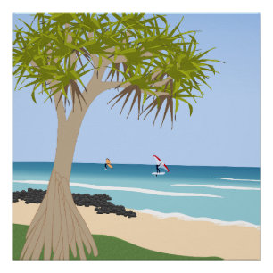 Wing Foil Surf Pandanus Tree at the Beach Poster