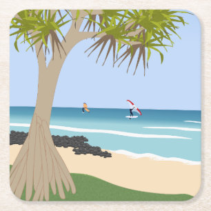 Wing Foiling Surfers Pandanus Tree at the Beach Square Paper Coaster