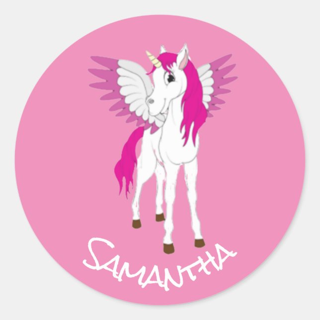 Wing Unicorn Party Pink Classic Round Sticker (Front)