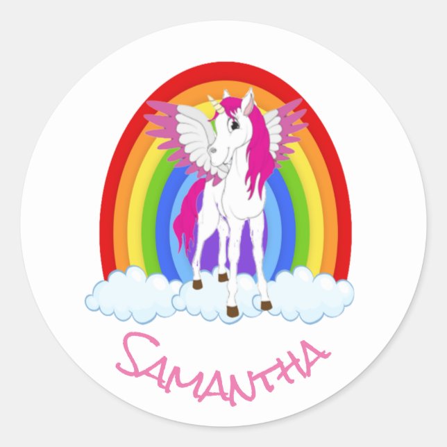 Wing Unicorn Party Rainbow Classic Round Sticker (Front)