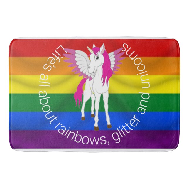 Wing Unicorn Party Rainbow Shower Curtain Bath Mat (Front)