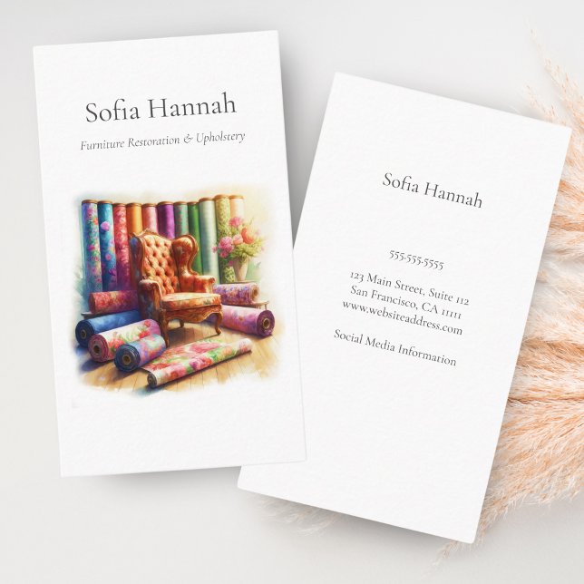 Wingback Chair And Fabric, Furniture Restoration  Business Card (Charming wingback chair illustration for upholstery and restoration businesses.)