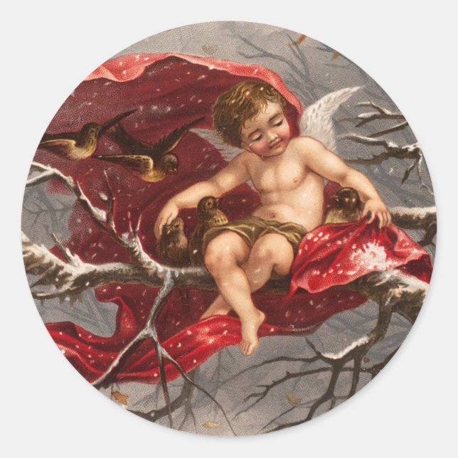 WINGED CHERUB ON WINTER TREE WITH BIRDS Christmas Classic Round Sticker (Front)