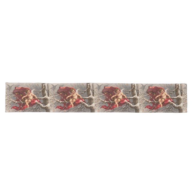 WINGED CHERUB ON WINTER TREE WITH BIRDS Christmas Long Table Runner (Horizontal)