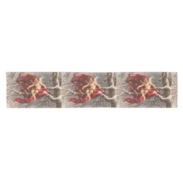 WINGED CHERUB ON WINTER TREE WITH BIRDS Christmas Short Table Runner (Horizontal)