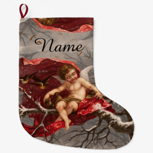 WINGED CHERUB ON WINTER TREE WITH BIRDS  LARGE CHRISTMAS STOCKING