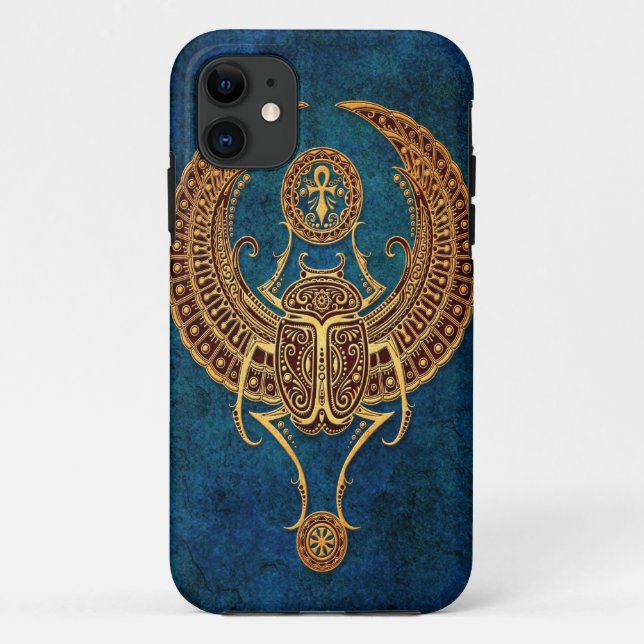 Winged Egyptian Scarab Beetle with Ankh - blue Case-Mate iPhone Case (Back)