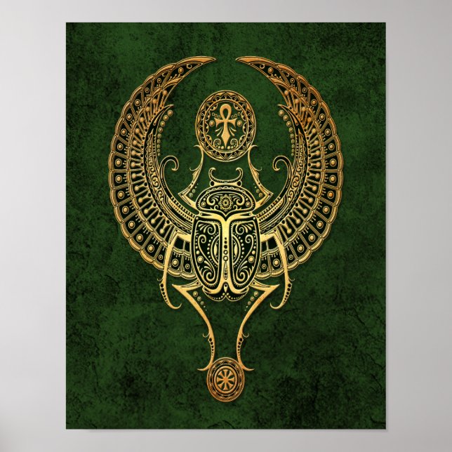 Winged Egyptian Scarab Beetle with Ankh on Green Poster (Front)