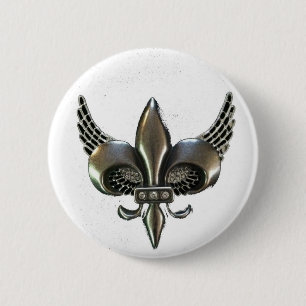 WINGED FLEUR-DE-LIS DISTRESSED PEWTER 6 CM ROUND BADGE