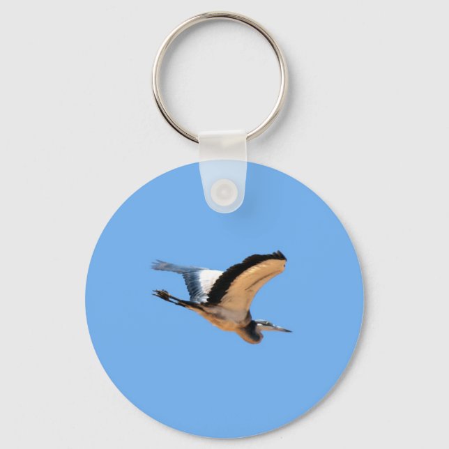 Winged great blue heron bird in flight key ring (Front)