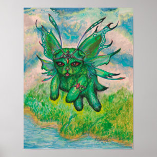 Winged Green Cat Poster