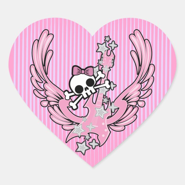 Winged Guitar with Cute Skull Heart Sticker (Front)